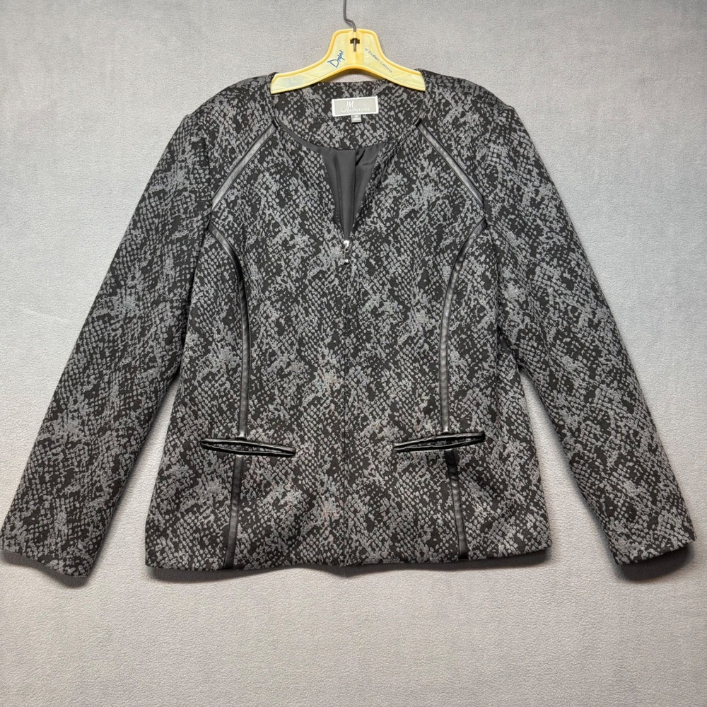 JM Collection Blazer Jacket Snakeskin Faux Leather Trim Zip Up Sz 10 Gray Black